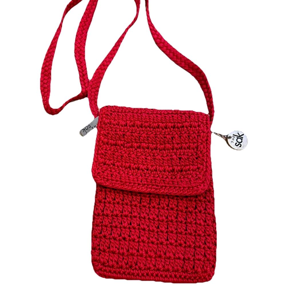 The Sak Crochet Mini RED Crossbody Shoulder Purse Bag 7" × 5.5" Boho Festival